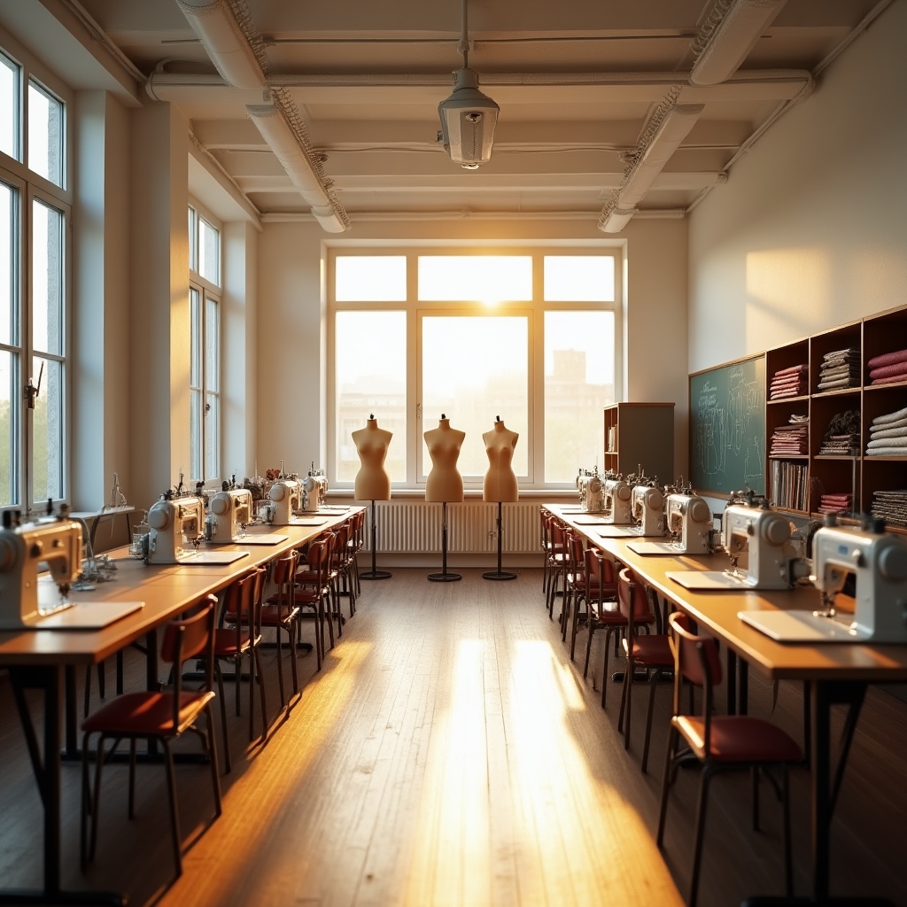 Aula luminosa della scuola di cucito con banchi individuali